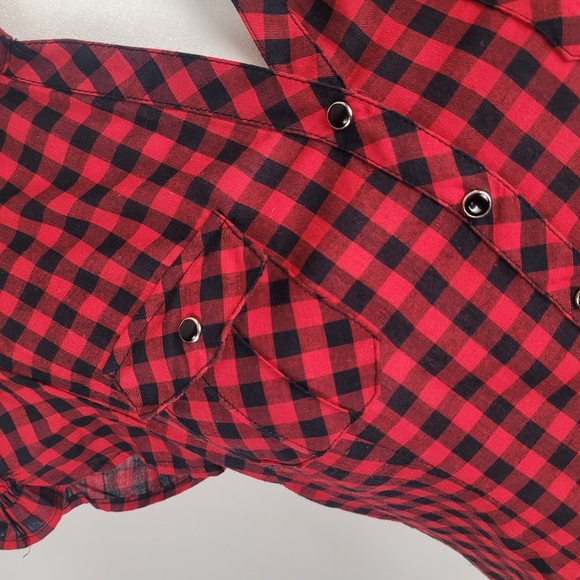 MAJORA Red/Black Plaid Short-Sleeve Button Up Top Size Small - Picture 5 of 8